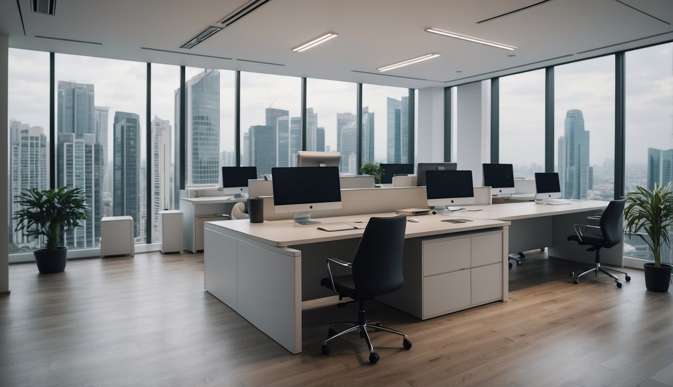 A modern office with a sleek, professional atmosphere. A sign with "Singapore Best Licensed Money Lender" in bold letters. Clean, organized desks and a sense of excellence