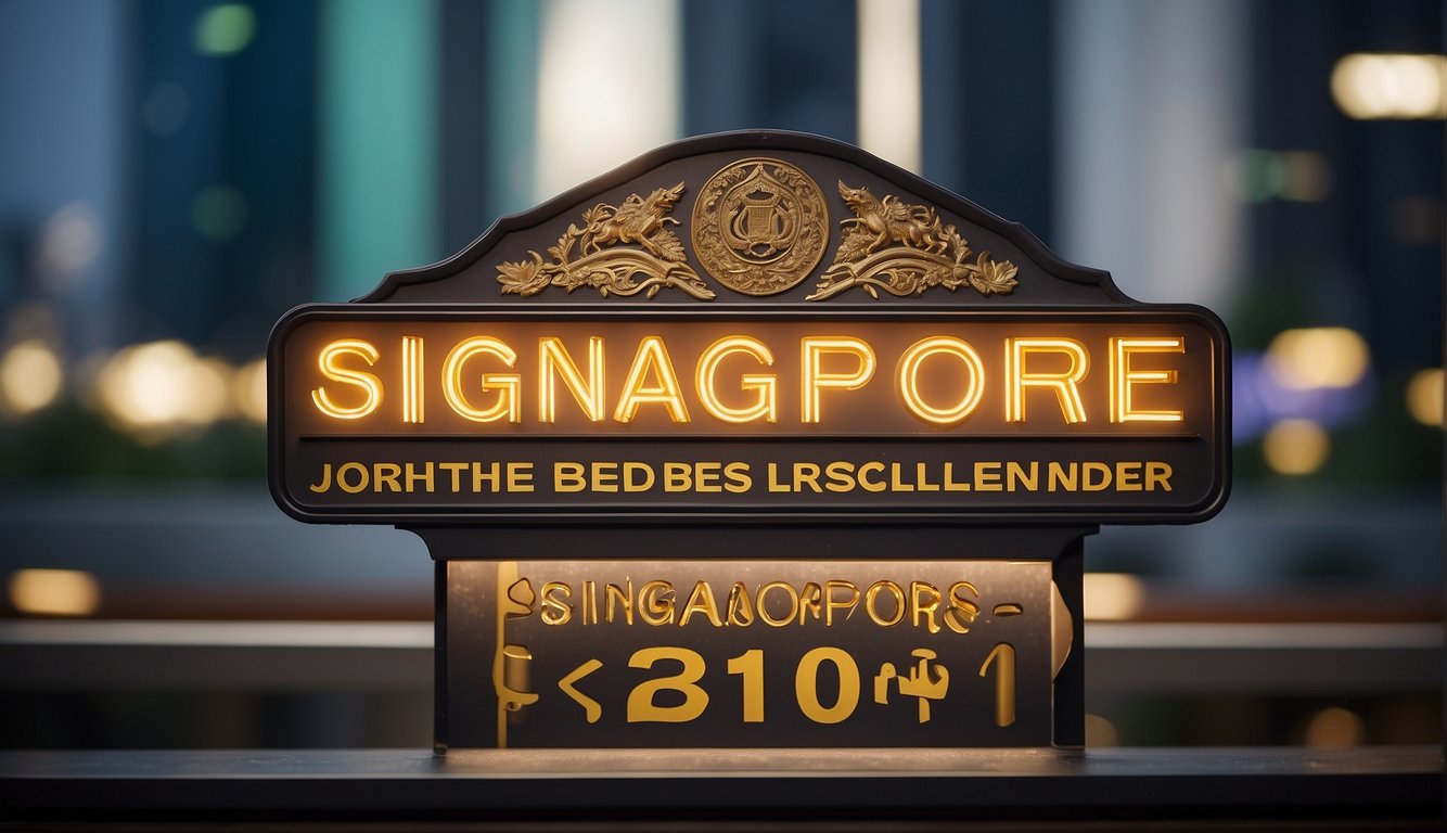 A signboard with "Singapore Best Licensed Money Lender" in bold letters. A logo of a scale representing excellence