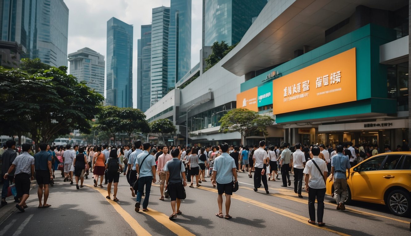 A bustling street in Singapore, with colorful signs advertising licensed moneylenders. People are seen entering and exiting the offices, while others are waiting in line. The atmosphere is busy and filled with a sense of urgency