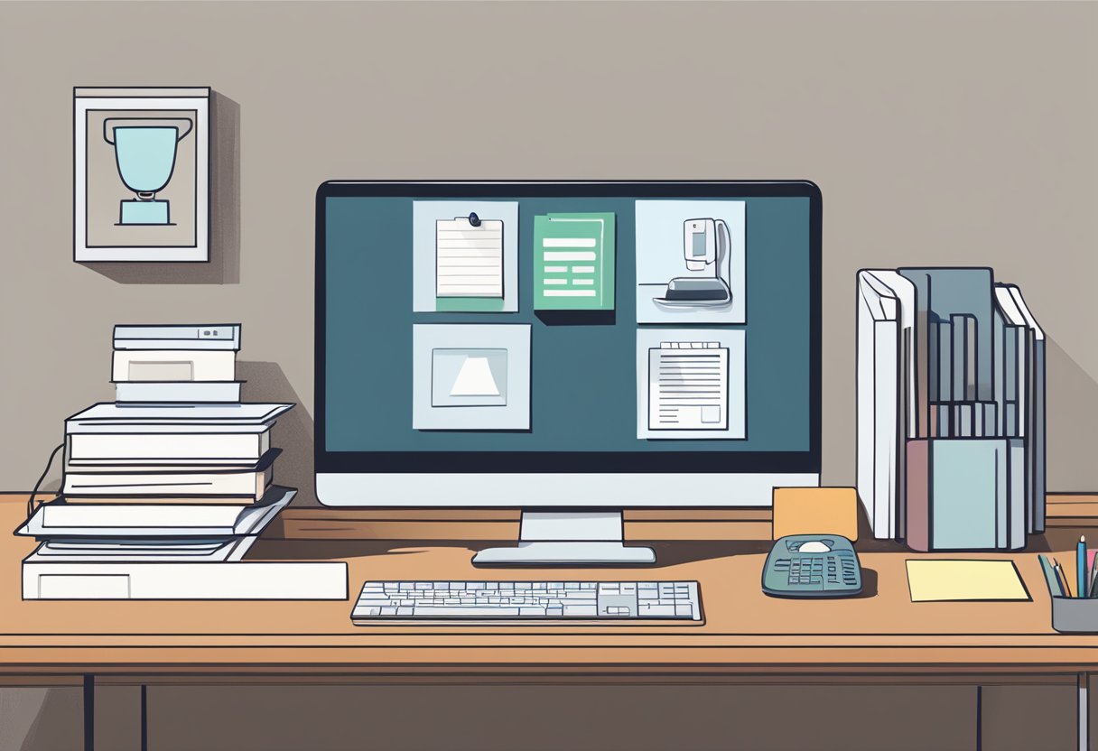 A well-organized workspace featuring a wooden desk with a computer, a stacked pile of books, and essential office supplies.