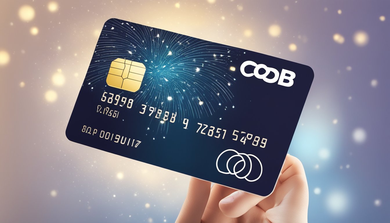 A hand holding a UOB credit card with cashback and rewards symbols floating around it, with a spotlight shining on the card