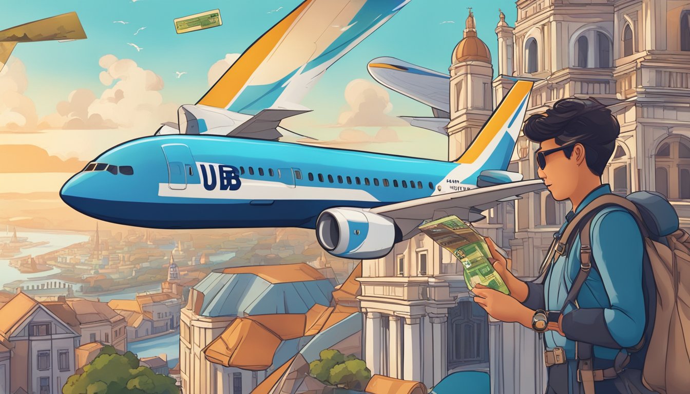 A traveler swipes a UOB credit card, earning air miles. A plane soars above, while landmarks from around the world surround them