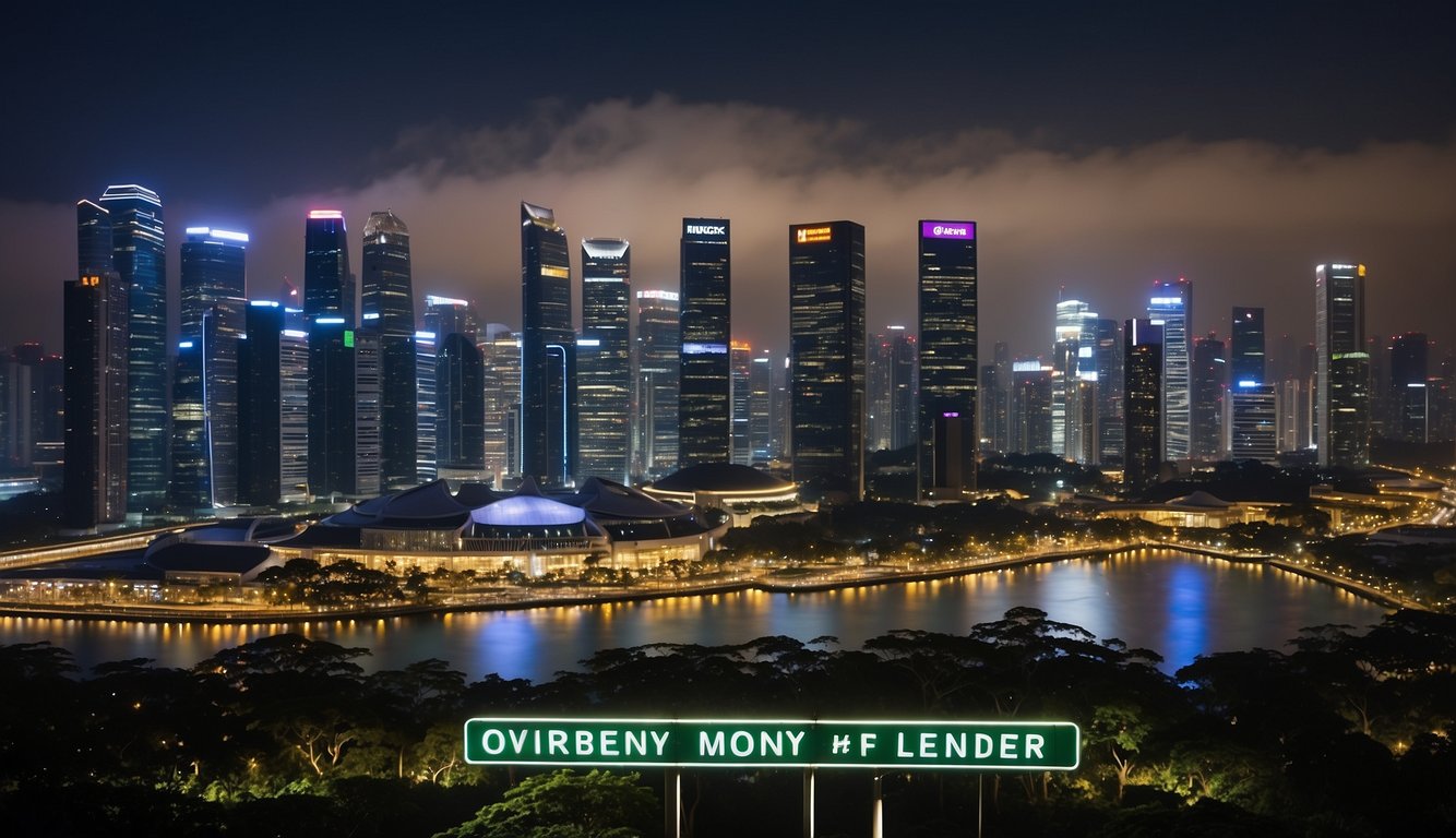 A licensed money lender's sign shines brightly against a bustling Singapore cityscape, conveying trust and excellence to potential clients