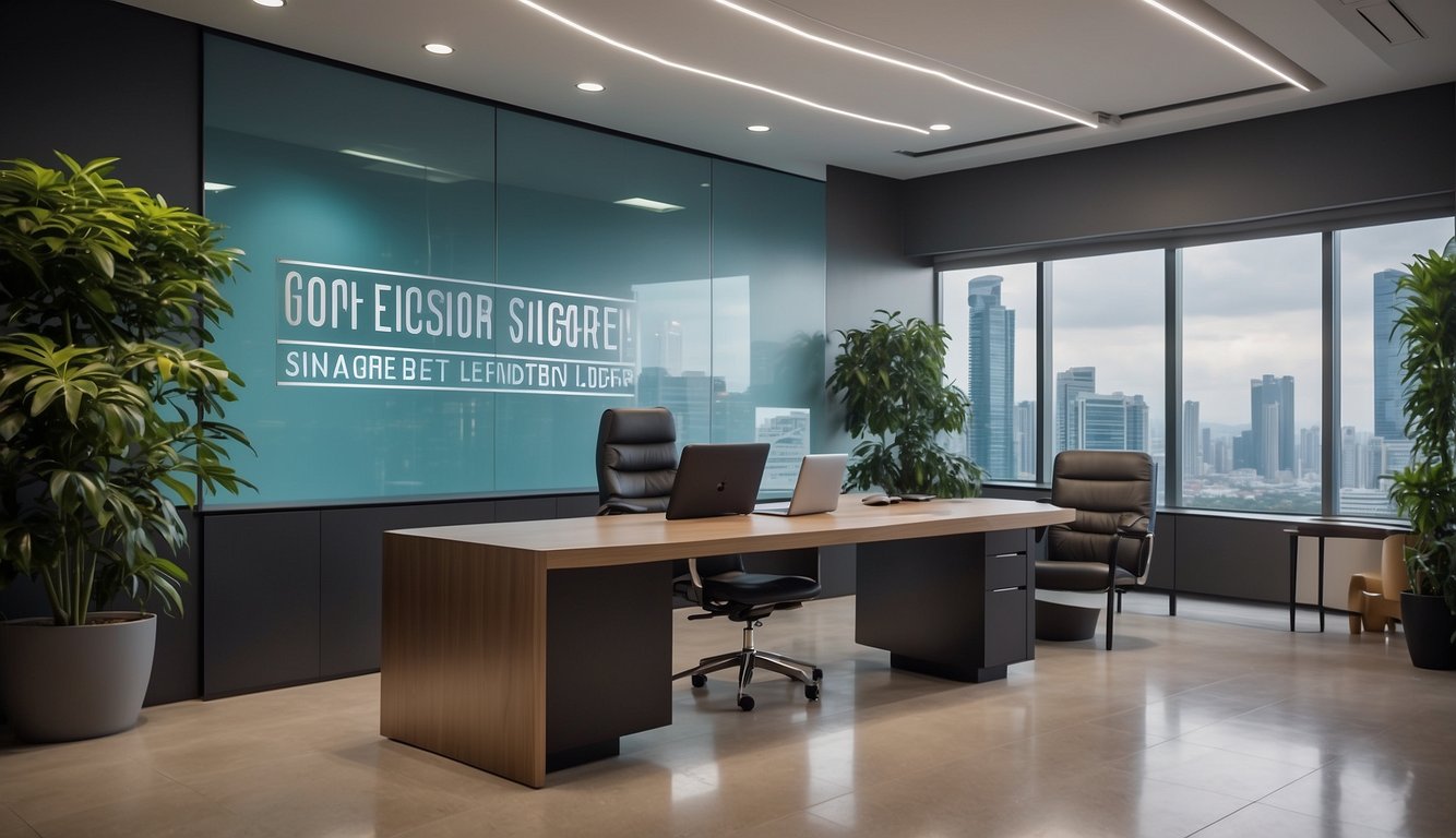 A bright, modern office with a sleek desk and a sign reading "Singapore Best Licensed Money Lender" prominently displayed. The atmosphere exudes professionalism and trustworthiness