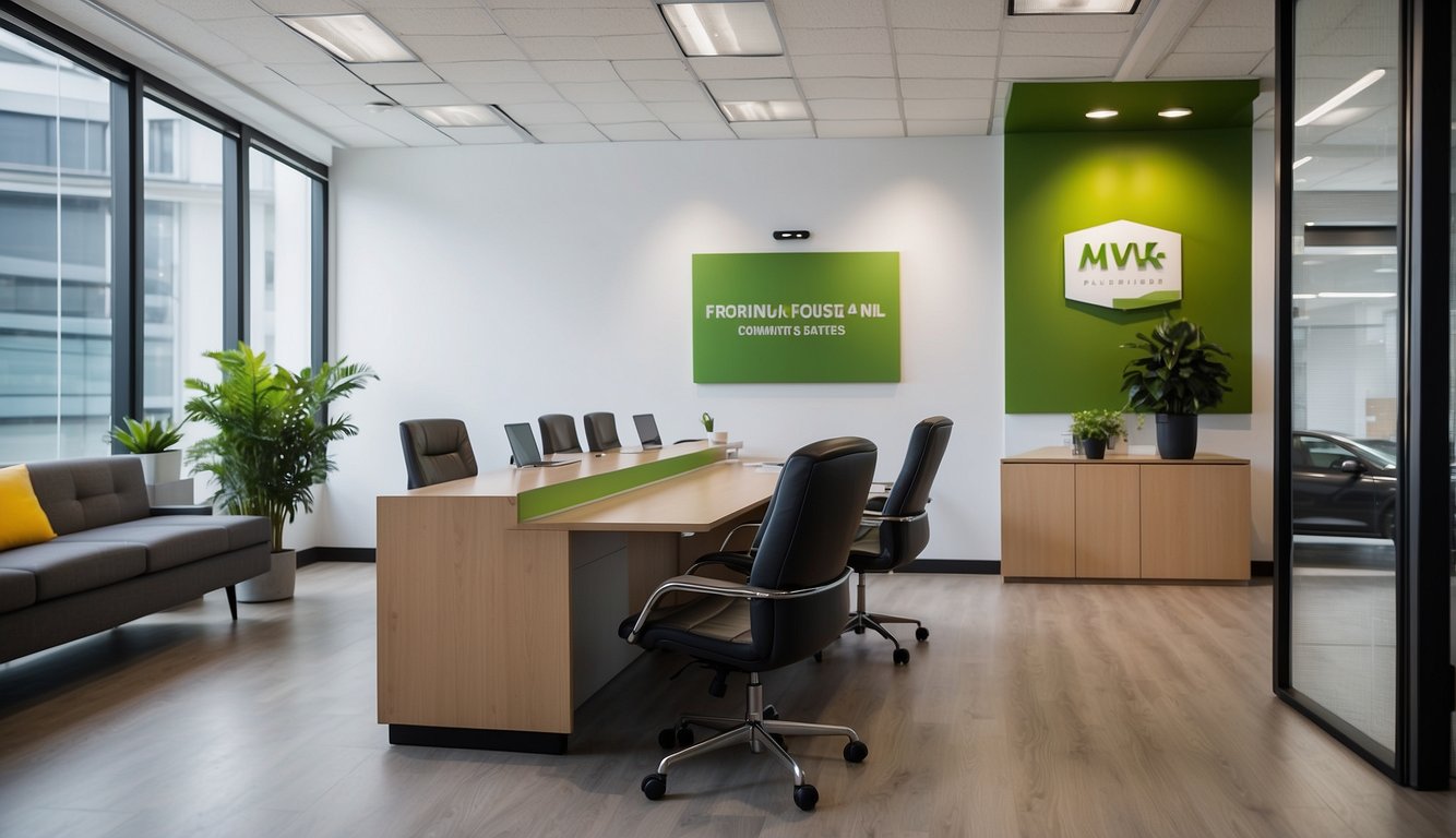 A bright and modern office space with a professional and welcoming atmosphere. A licensed money lender sign prominently displayed. Comfortable seating and a clean, organized workspace