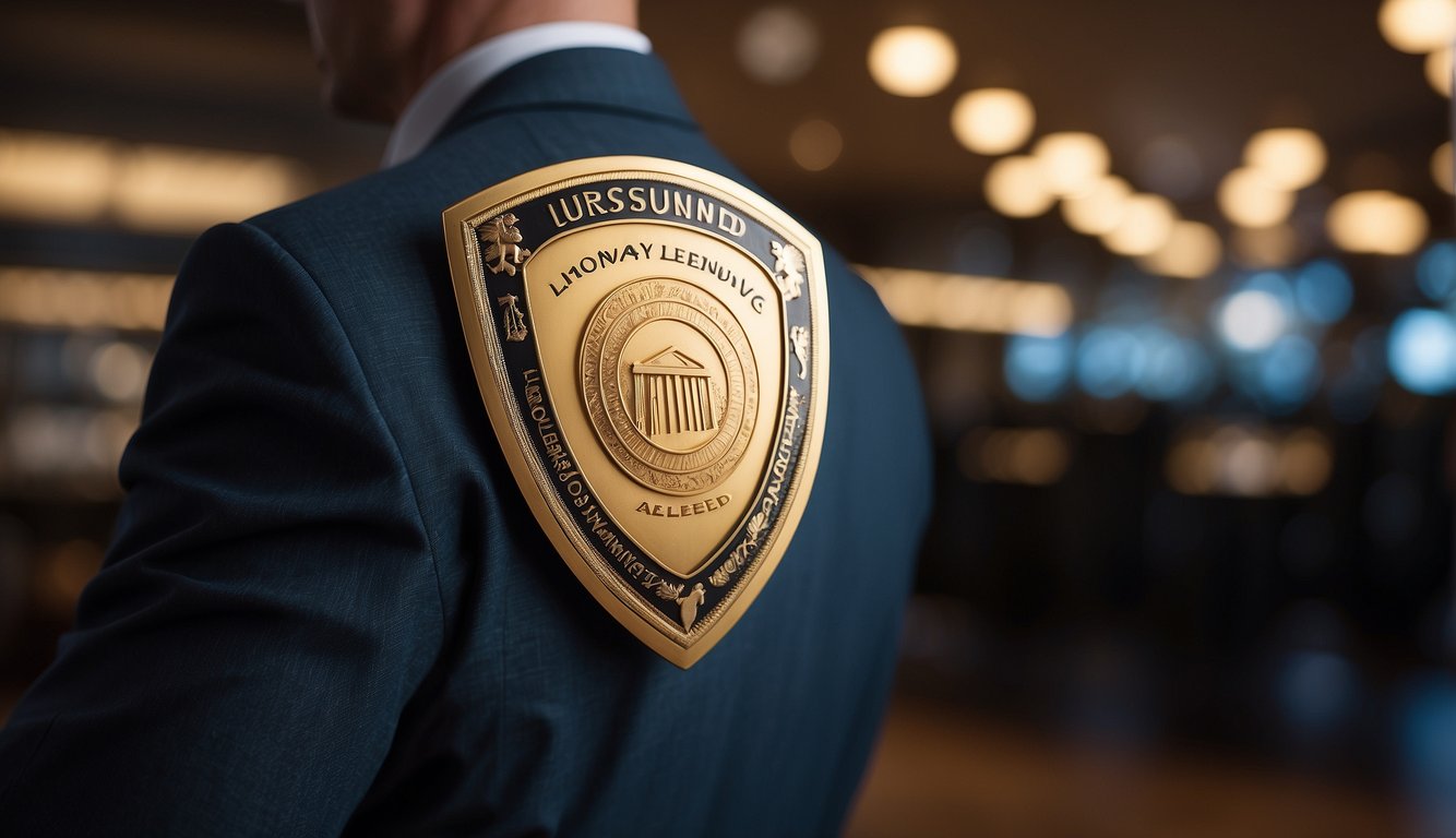 A shield with a large "Licensed Money Lender" emblem deflects arrows labeled "Unlicensed Lending." The shield is held by a figure in a suit, symbolizing protection and trustworthiness