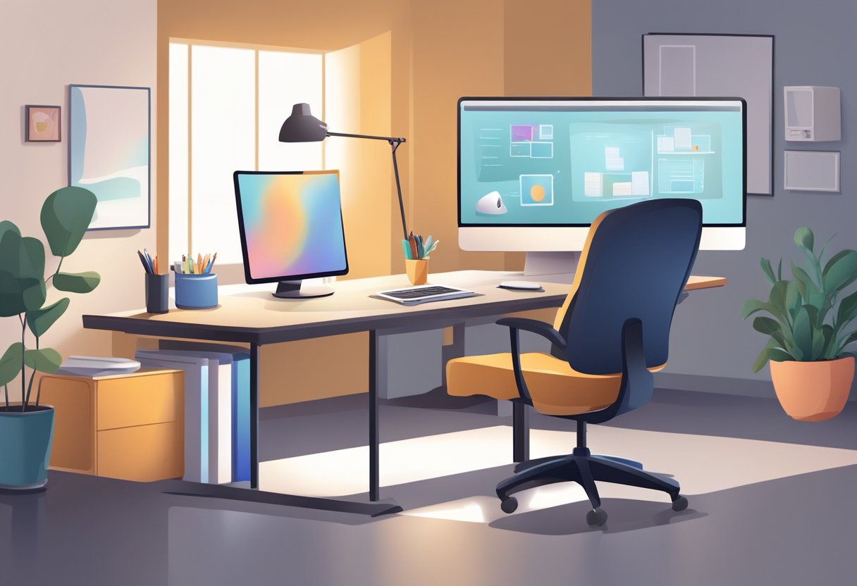 A home office with a computer, desk, and comfortable chair. A virtual meeting with colleagues on the screen. Work-from-home HR tasks visible on the computer screen