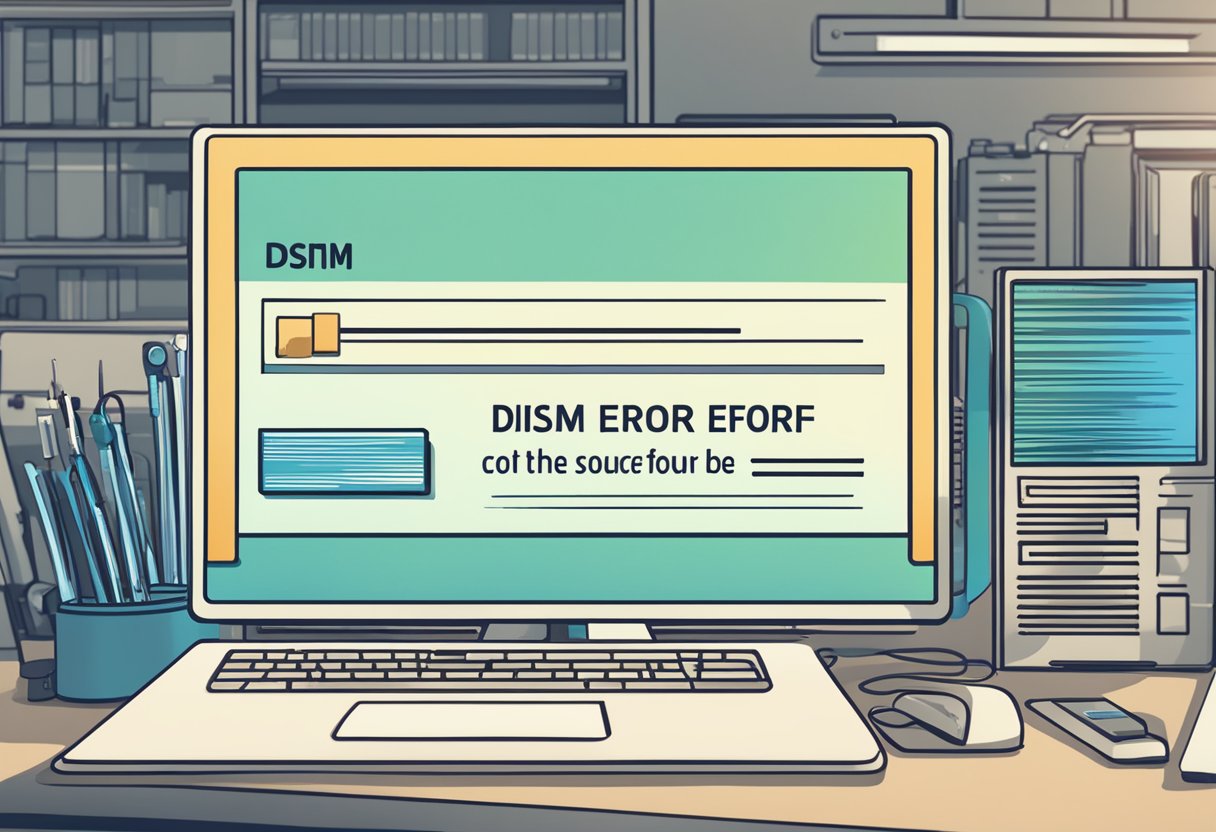 A computer screen displays a message reading "dism error: the source files could not be found" while a system repair tool runs in the background