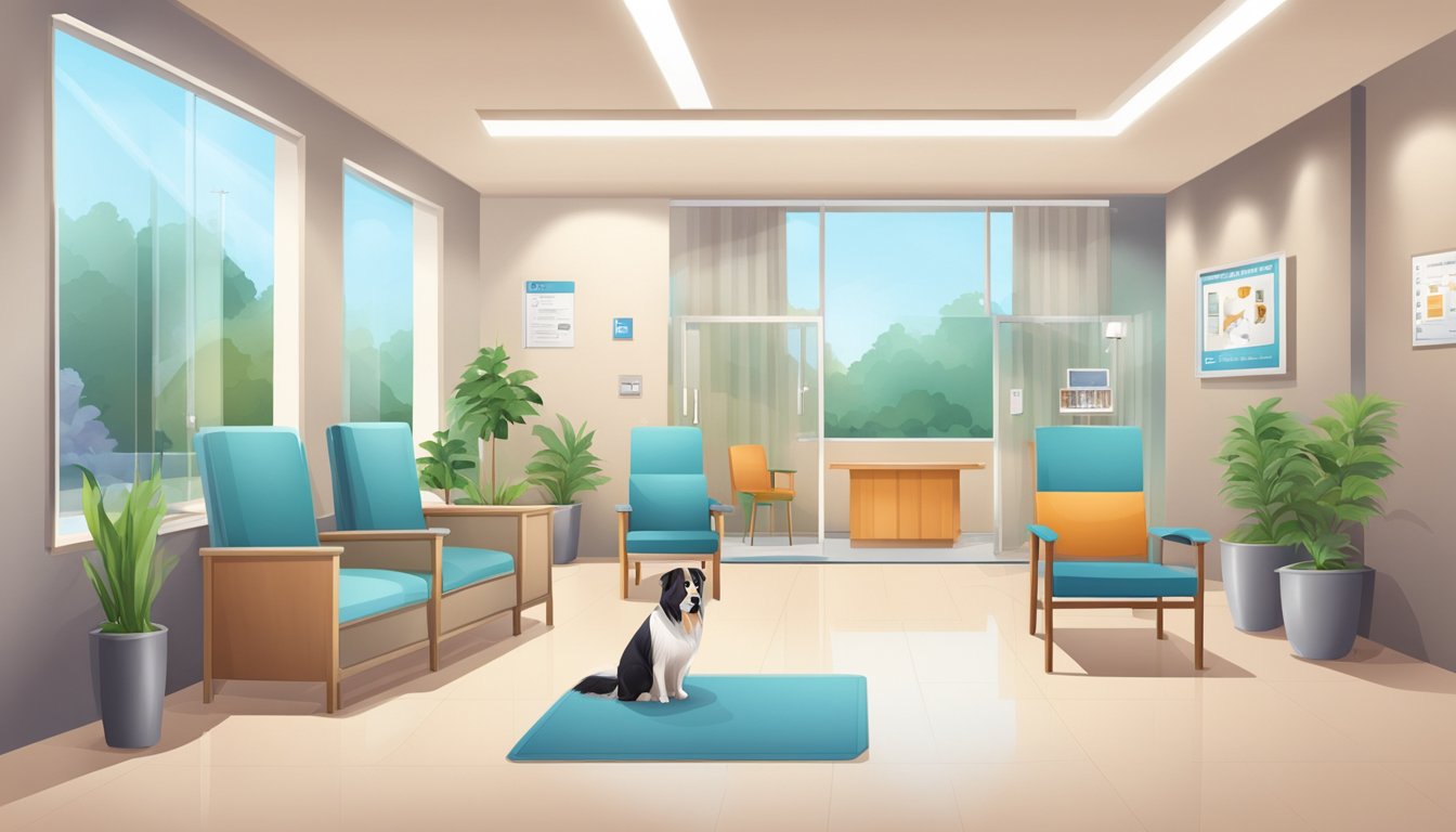 A welcoming vet clinic with a modern exterior, a sign with the clinic's name, and a friendly reception area with a comfortable waiting area for pets