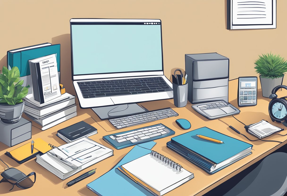 A home office setup with a computer, phone, and HR-related materials like employee handbooks and training manuals