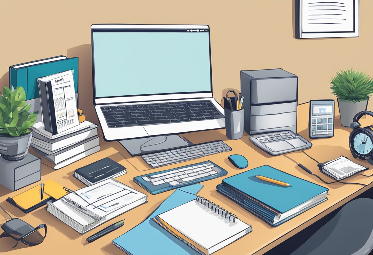 An office desk with a laptop and various office supplies scattered around.