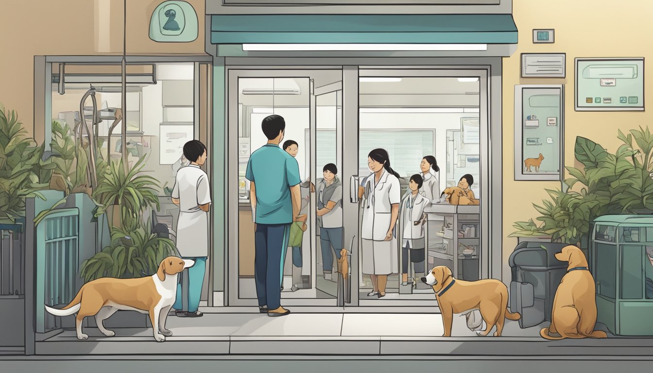 A busy veterinary clinic in Singapore, with a sign reading "Comprehensive Health Services." A line of animals and their owners wait outside the door