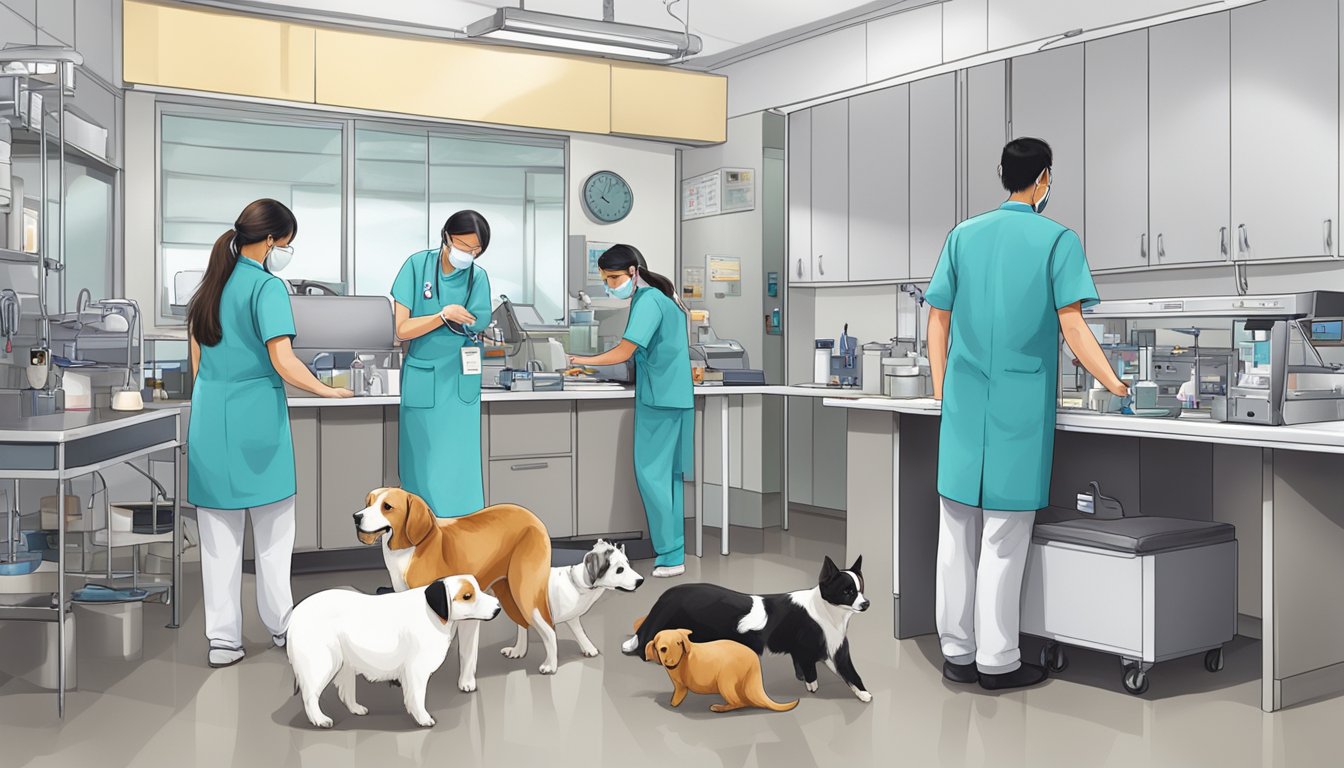 The vet clinic is bustling with activity as animals receive specialized treatments from the best vet in Singapore. Equipment and care are seen throughout the scene