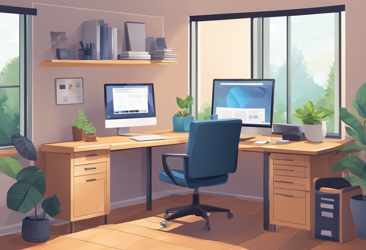 A desk with two computer monitors, a keyboard, and a mouse. A chair sits in front of the desk. Sunlight streams through a window in the background.