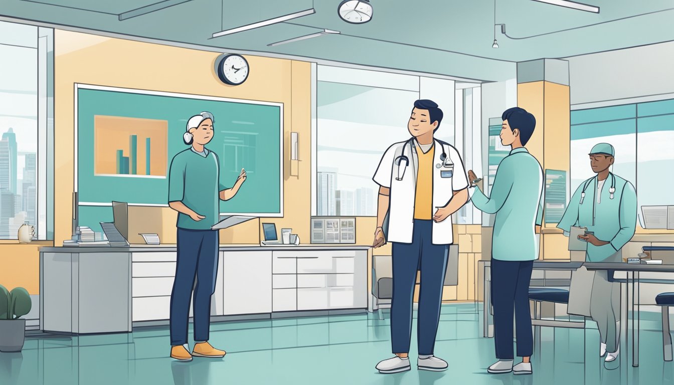A vet educating clients in a modern clinic with support services in Singapore