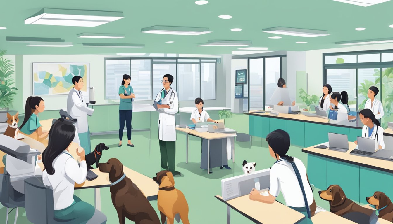 A veterinarian answering questions in a busy Singapore clinic