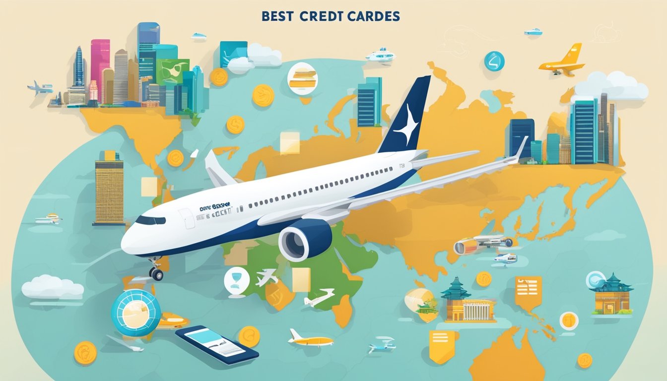 A credit card surrounded by airplane icons and a map of Singapore, with the words "Best Credit Cards for Earning Miles" prominently displayed