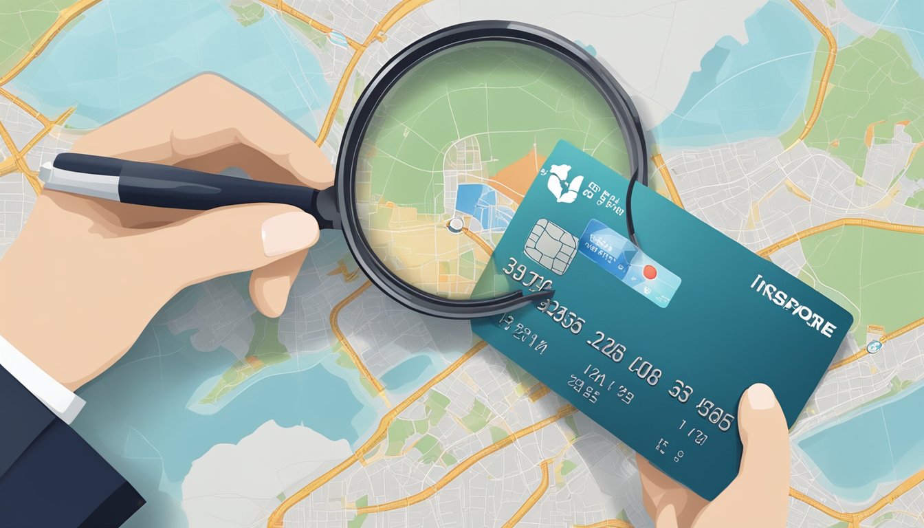 A credit card held in hand, with a magnifying glass examining the fine print, a map of Singapore in the background