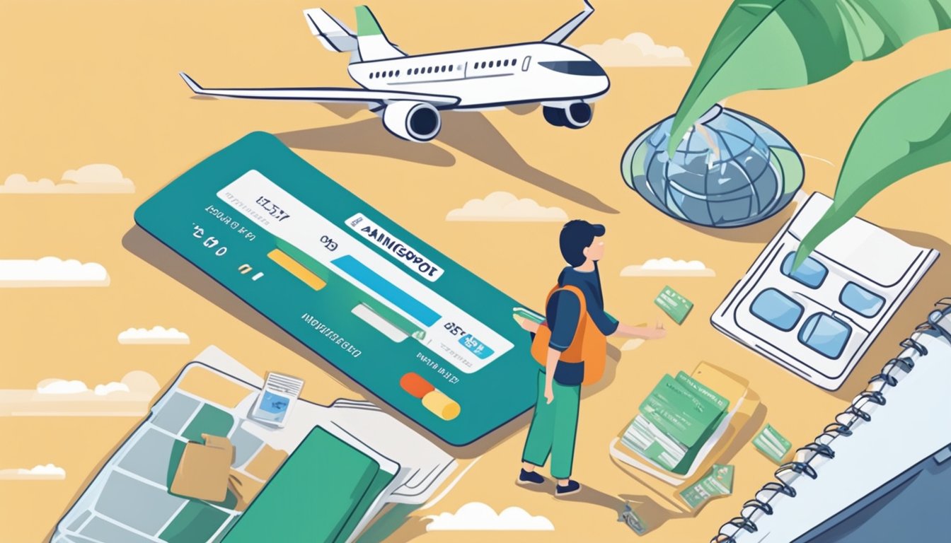 A person swiping a credit card with a plane flying above, surrounded by frequently asked questions about earning airline miles in Singapore