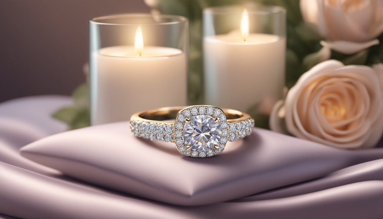 A sparkling diamond wedding band rests on a velvet cushion, surrounded by soft candlelight and delicate floral arrangements