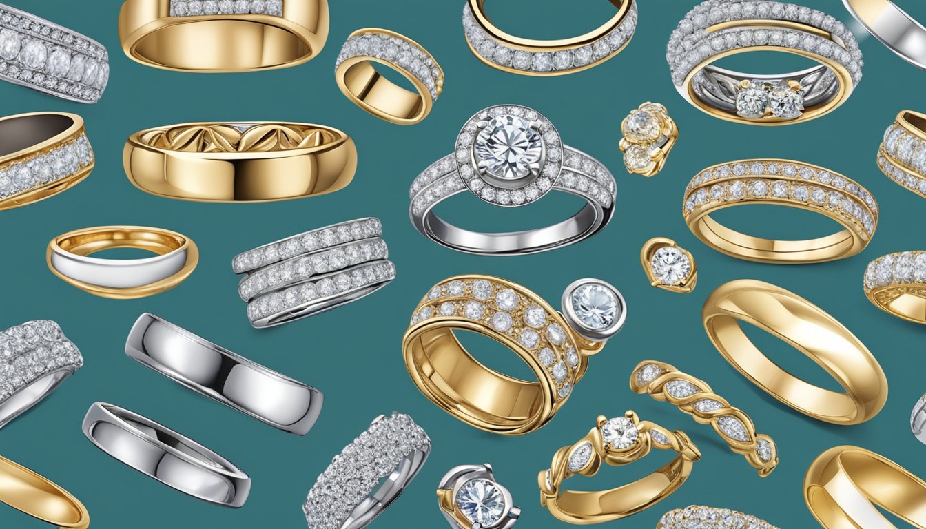 A sparkling display of exquisite wedding bands showcased in a luxurious jewelry store in Singapore's bustling Lion City