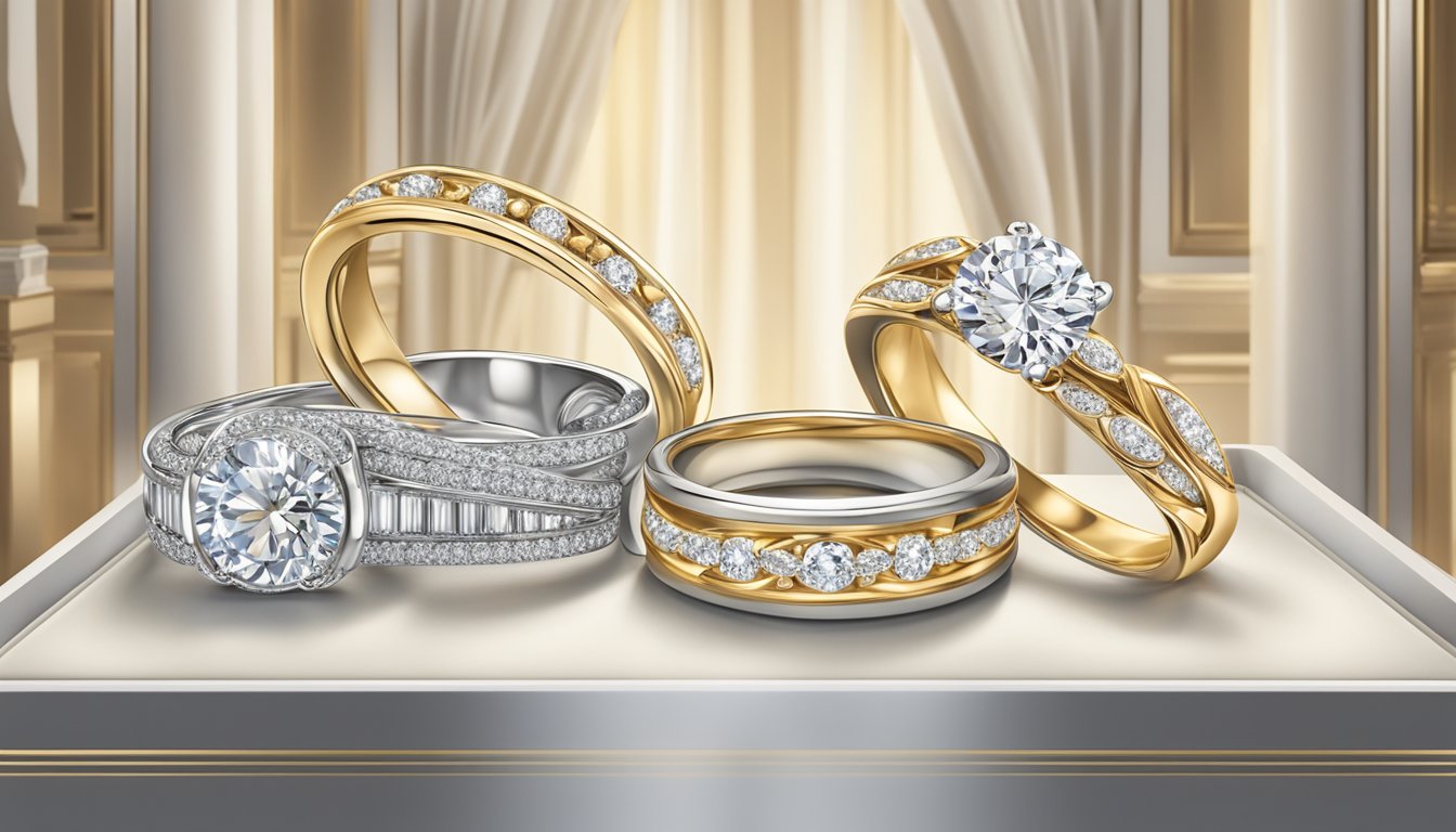 A display of elegant wedding bands in a well-lit showcase, showcasing their intricate designs and high-quality materials