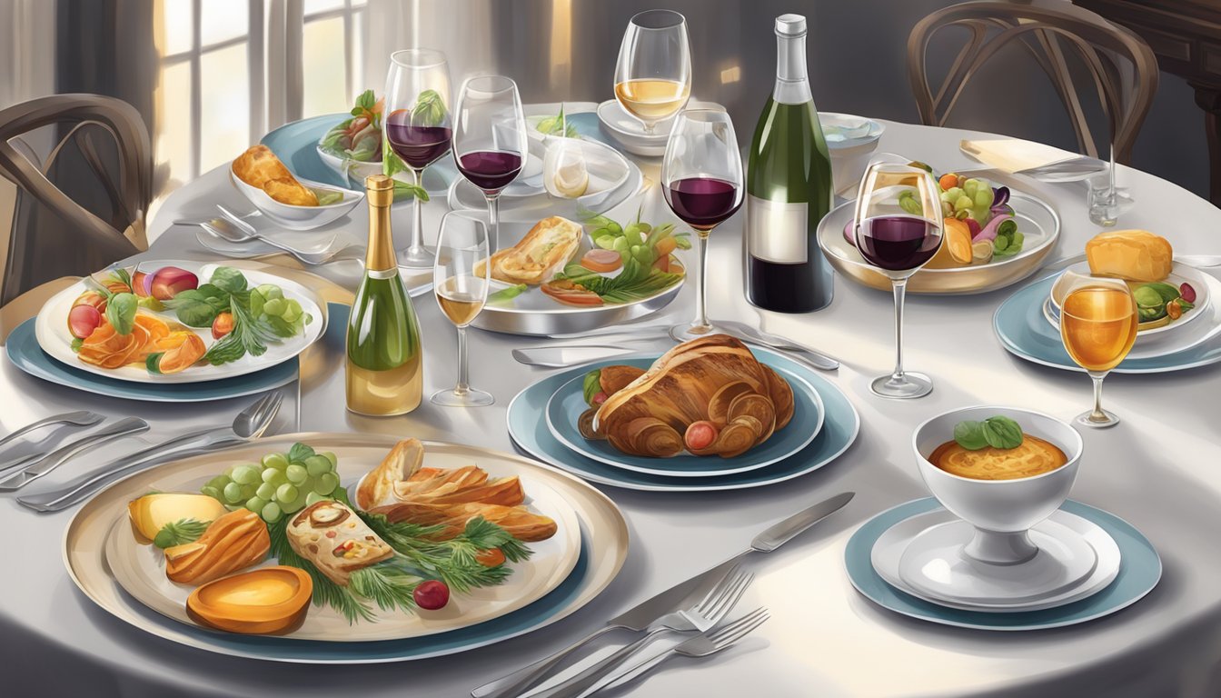 A beautifully set dining table with elegant dinnerware, sparkling glassware, and a spread of gourmet food and wine