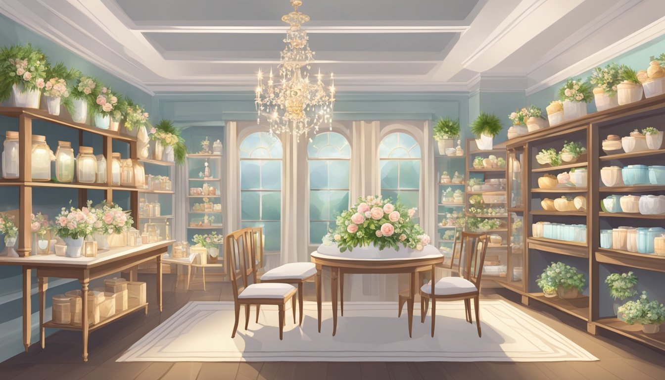 A beautifully decorated wedding gift shop with elegant art and decor items displayed on shelves and tables