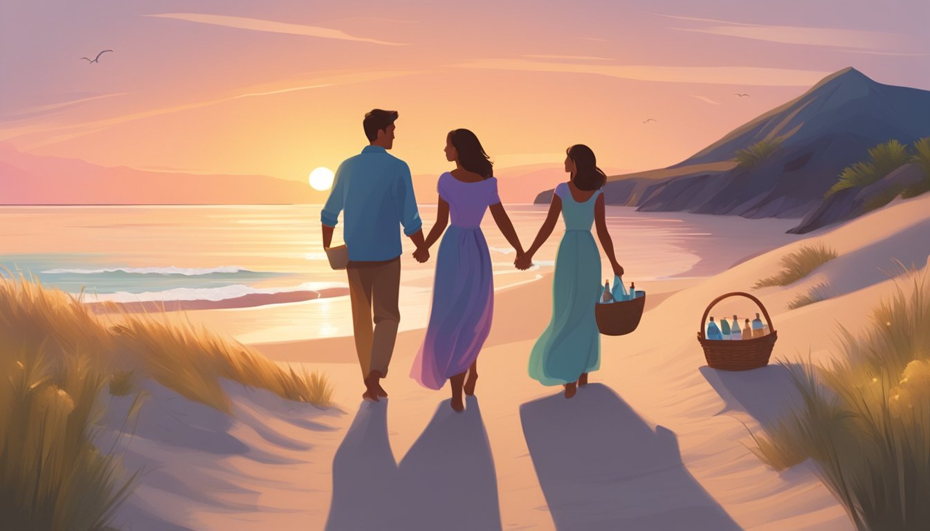 A couple strolling along a serene beach at sunset, with a picnic blanket and basket nearby, surrounded by candles and a bottle of champagne
