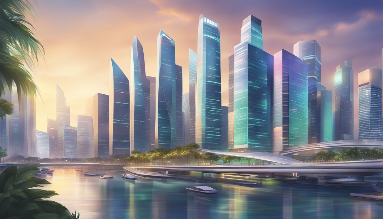 A bustling cityscape with futuristic skyscrapers and digital interfaces, showcasing the integration of technology in the banking sector in Singapore