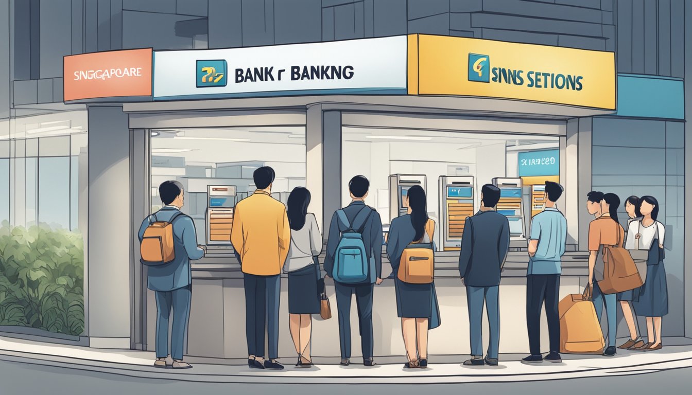 A group of people standing in line at a bank, with a sign that reads "Frequently Asked Questions" about banking services in Singapore