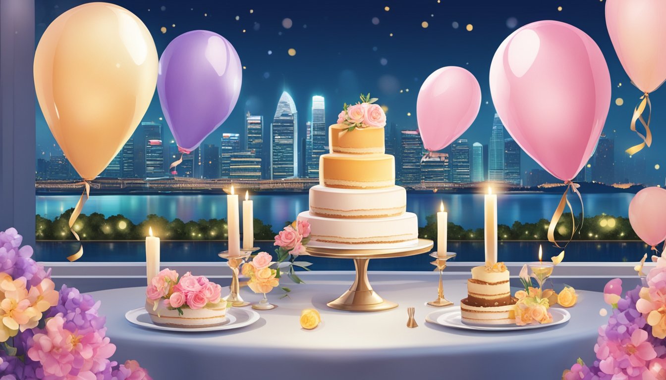A table set with a beautiful cake, flowers, and candles. Balloons and decorations in the background, with a view of the Singapore skyline