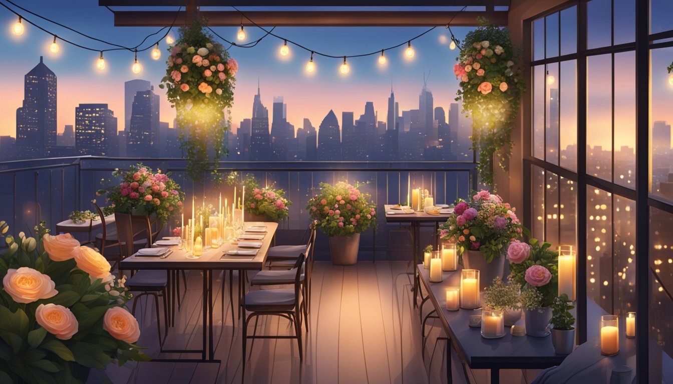 A cozy rooftop garden with fairy lights and a view of the city skyline, adorned with elegant floral arrangements and candlelit tables