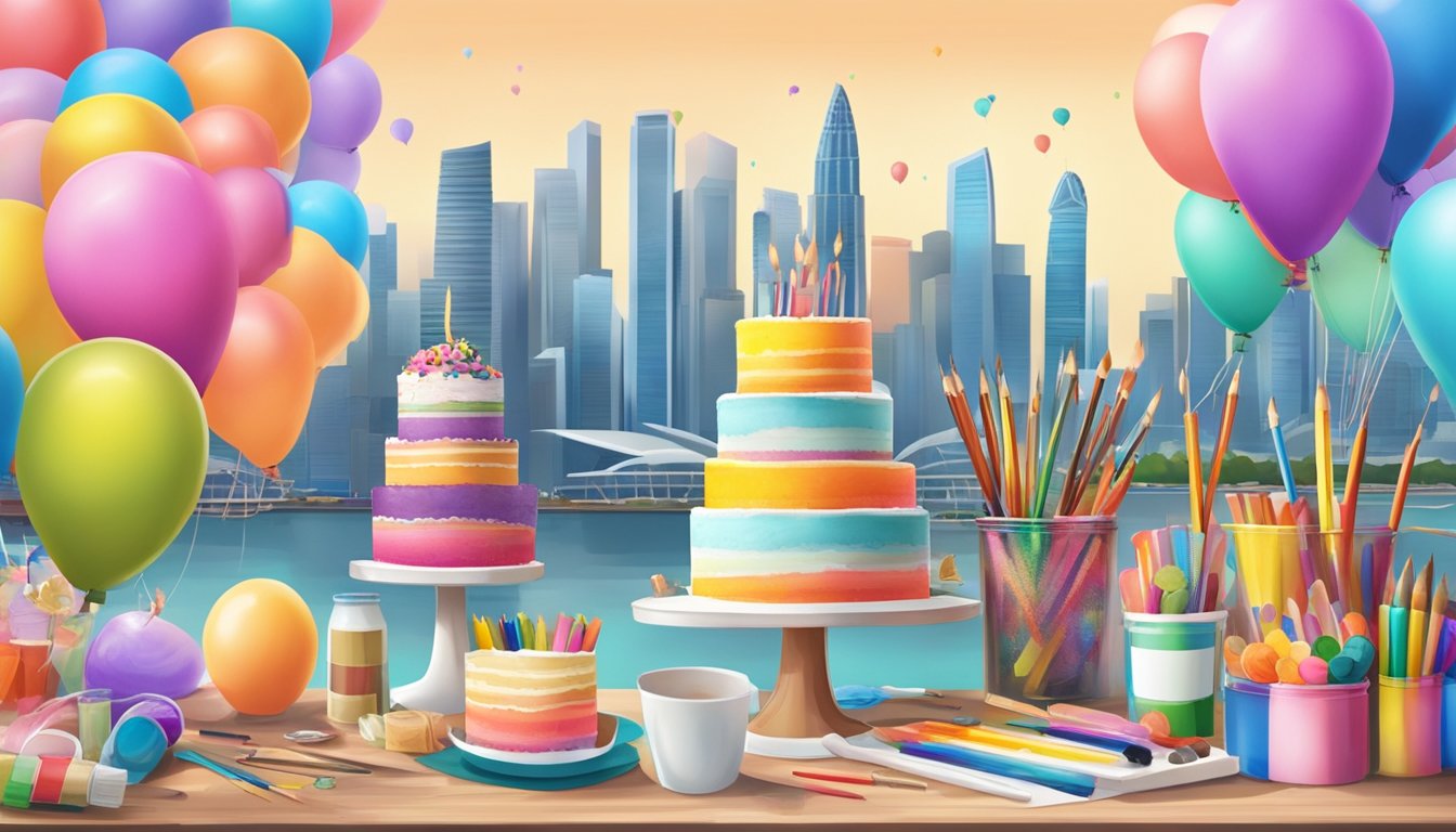A colorful and lively workshop setting with art supplies, balloons, and a birthday cake, set against the backdrop of Singapore's iconic skyline