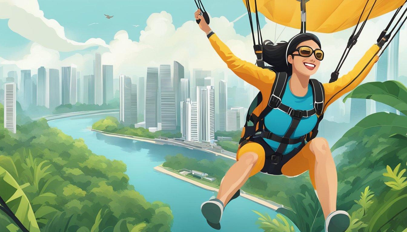 A woman skydives over the Singapore skyline, while others enjoy a thrilling zipline adventure through the lush jungle