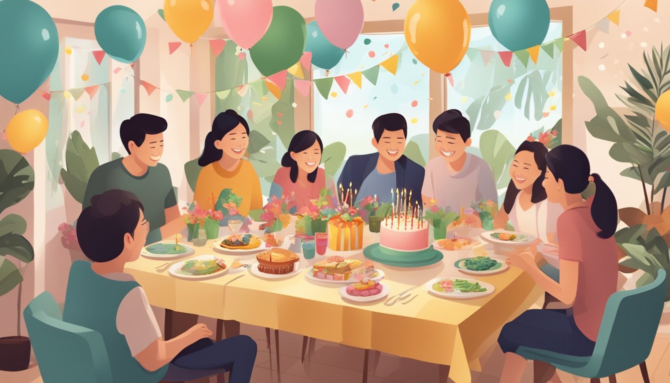 A festive table set with birthday decorations, surrounded by happy guests in a cozy Singaporean home