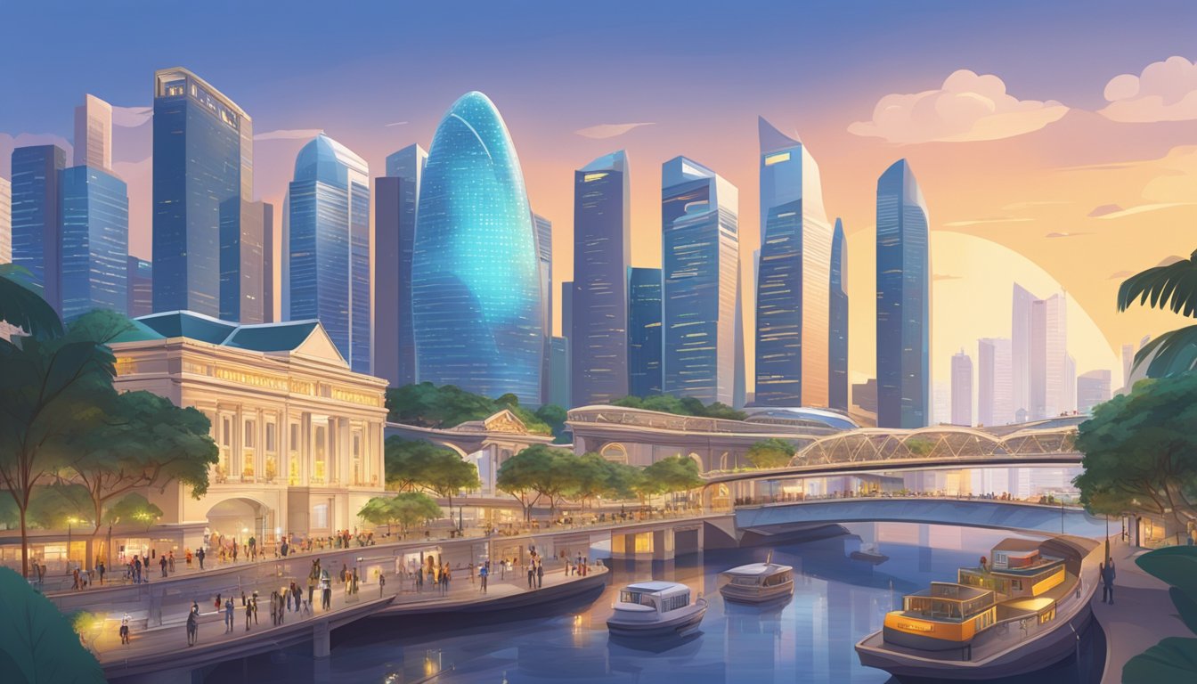 A bustling Singapore cityscape with iconic landmarks and futuristic technology, showcasing the integration of Bitcoin era in everyday life