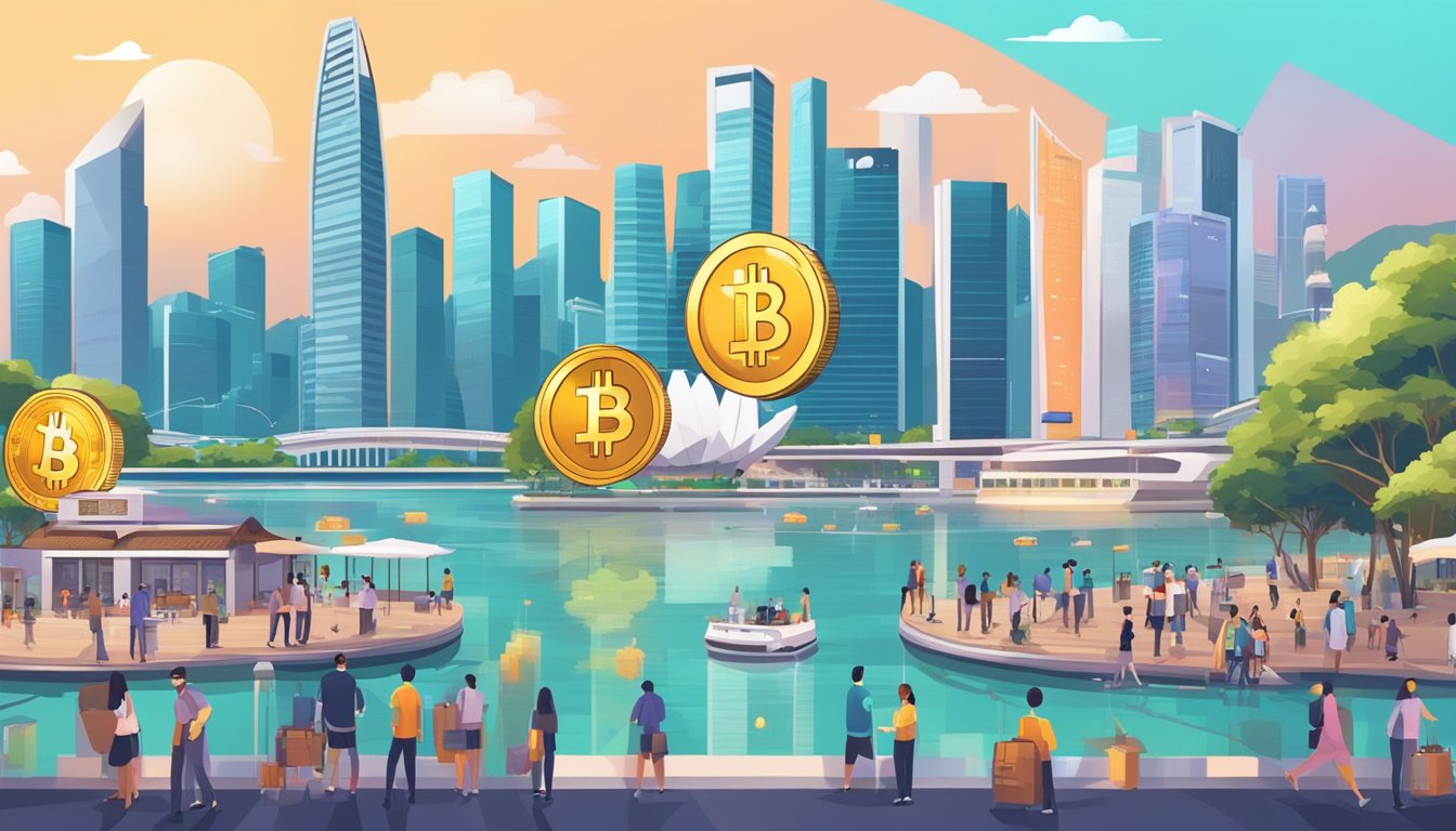 A bustling Singapore cityscape with iconic landmarks, digital screens displaying Bitcoin prices, and people engaging in cryptocurrency transactions