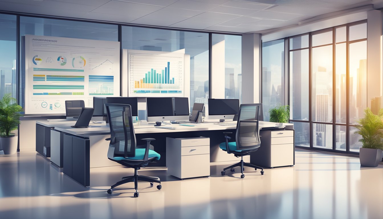 A sleek office setting with a prominent "Regulatory Framework and Compliance" sign, surrounded by modern technology and financial charts