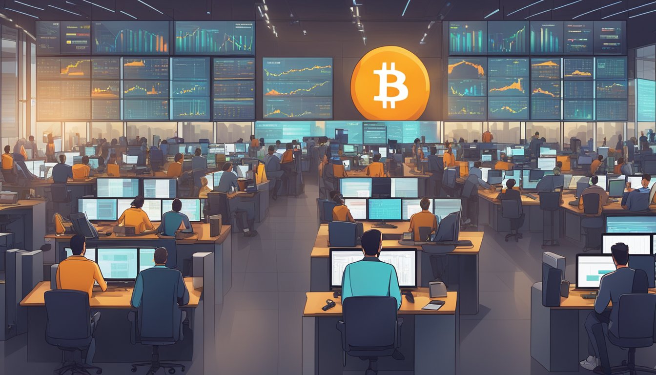 A bustling trading floor with digital screens displaying Bitcoin price charts, traders in intense discussions, and investors eagerly monitoring their investments