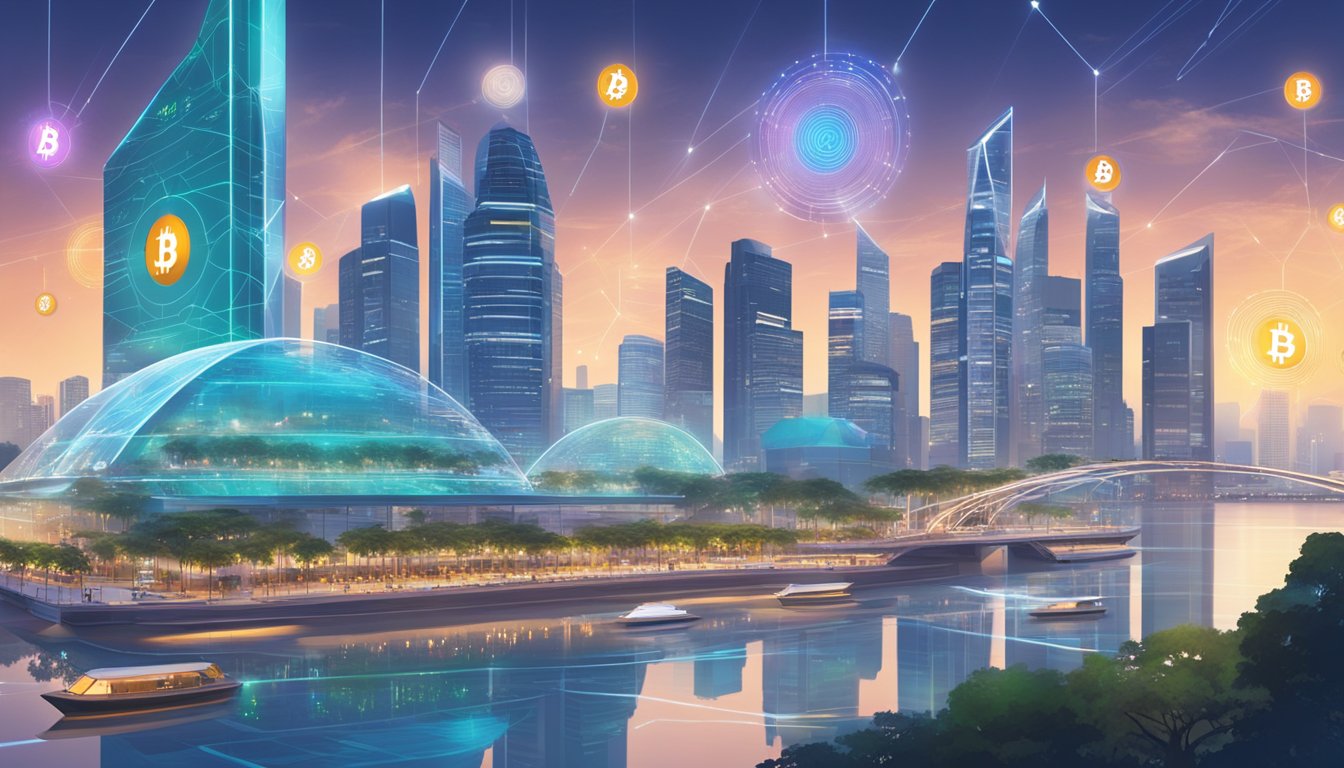 A futuristic cityscape with Bitcoin symbols integrated into the architecture of Singapore. A bustling financial district with digital currency transactions visible
