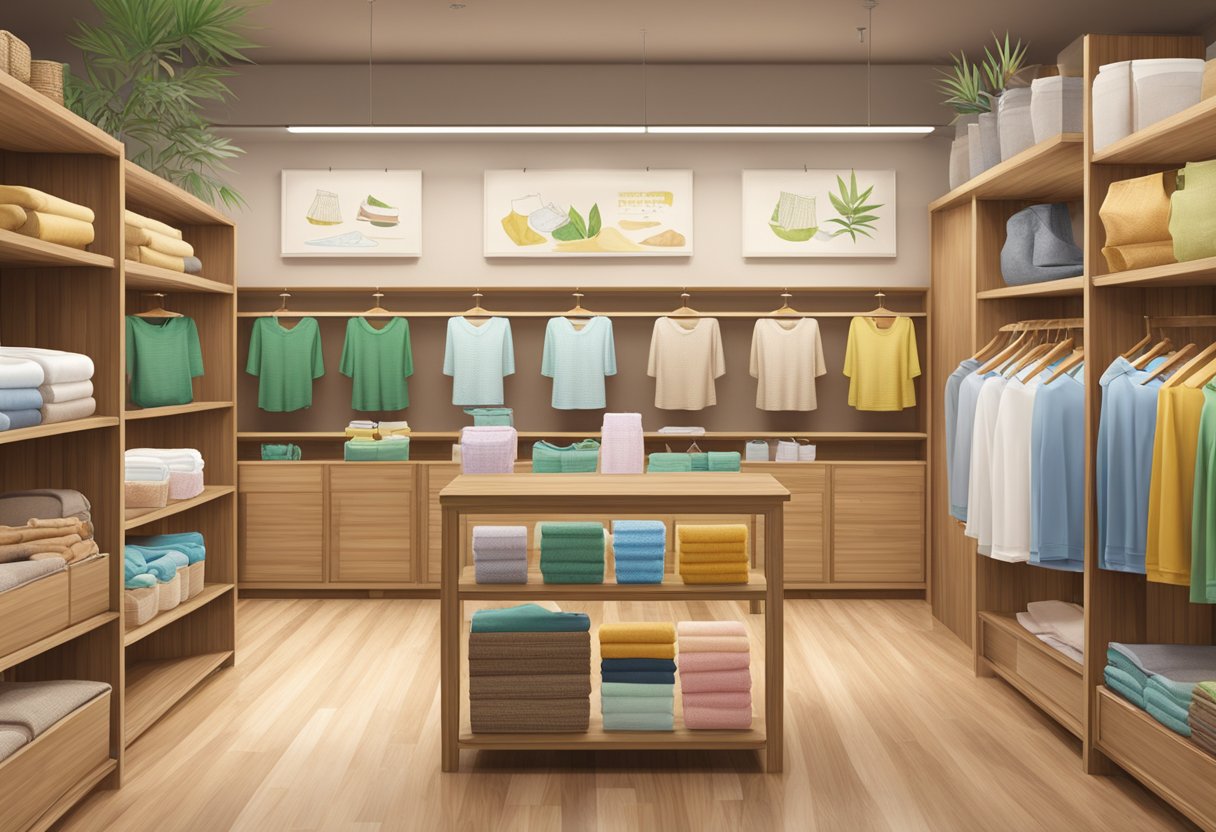 A bamboo underwear shop with a variety of products displayed on shelves. A sign highlights the benefits of bamboo fabric