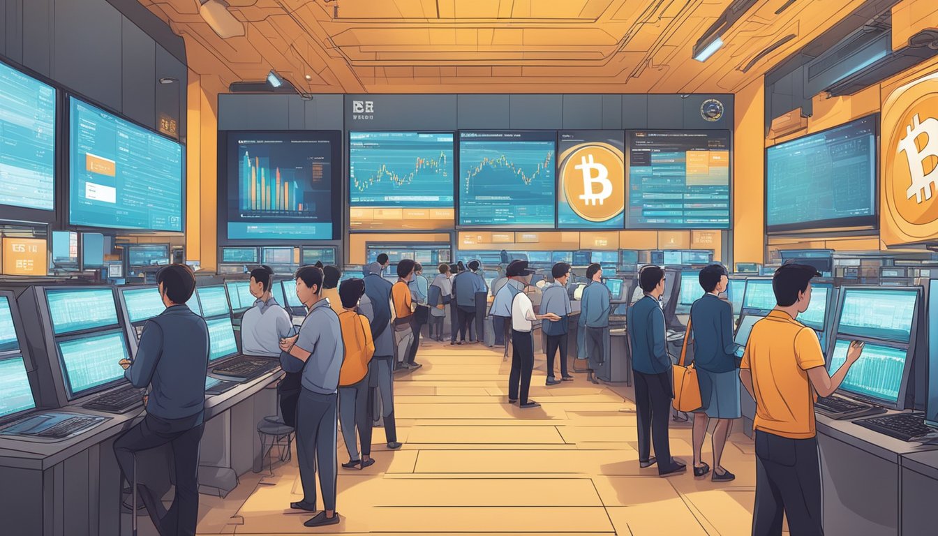 A bustling bitcoin exchange in Singapore with traders, digital screens, and a modern, sleek atmosphere