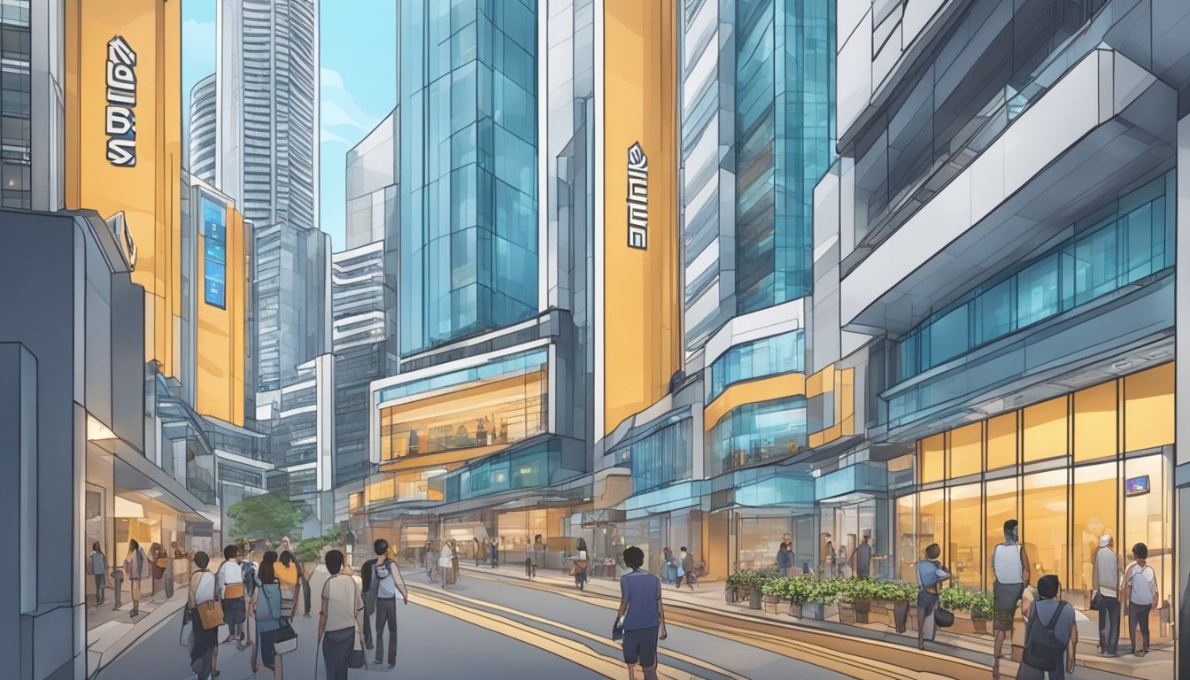 A bustling Singapore street with a modern, sleek building housing a Bitcoin exchange. People come and go, exchanging digital currency in a secure and efficient environment