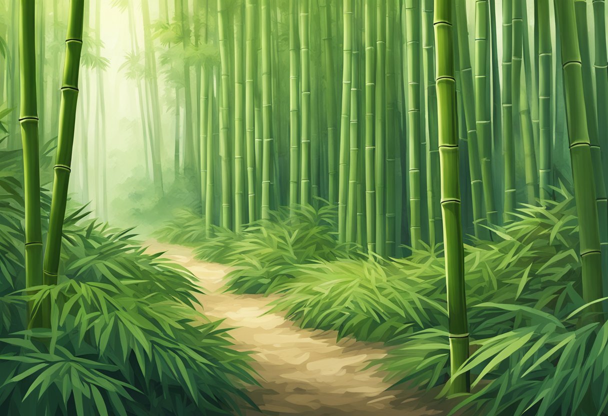 A bamboo forest with a pile of soft, breathable bamboo fabric representing the benefits of bamboo fabric in men's underwear