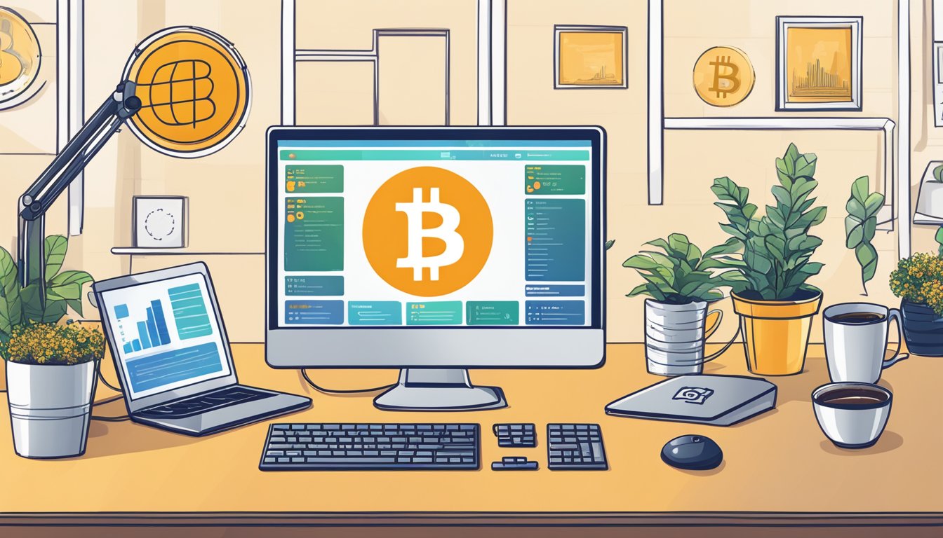 A computer screen displaying a bitcoin exchange platform with charts and graphs, a keyboard and mouse nearby, and a cup of coffee on the desk