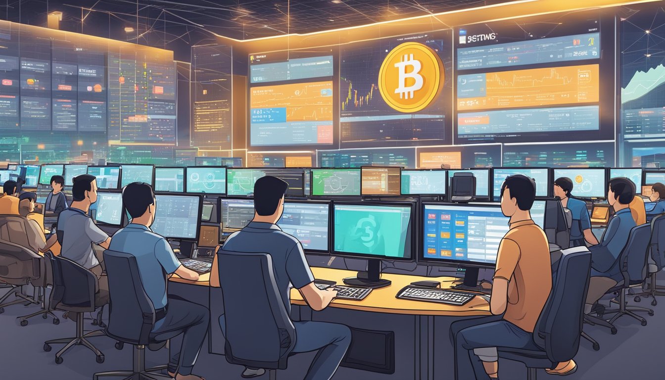 A bustling cryptocurrency exchange in Singapore, with traders buying and selling various digital currencies like Bitcoin, Ethereum, and more. The scene is filled with computer screens, charts, and a sense of excitement and urgency