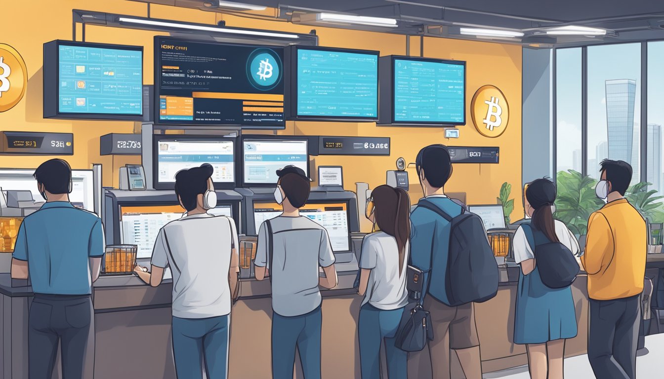 A bustling bitcoin exchange in Singapore, with customers lined up at the counter and staff assisting with transactions. Digital screens display real-time exchange rates