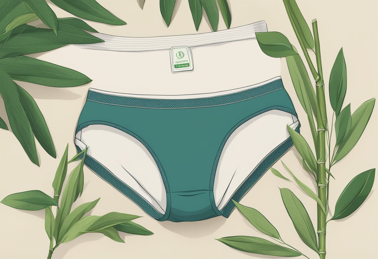 A woman's bamboo underwear laid out on a soft, eco-friendly fabric with a tag highlighting its benefits