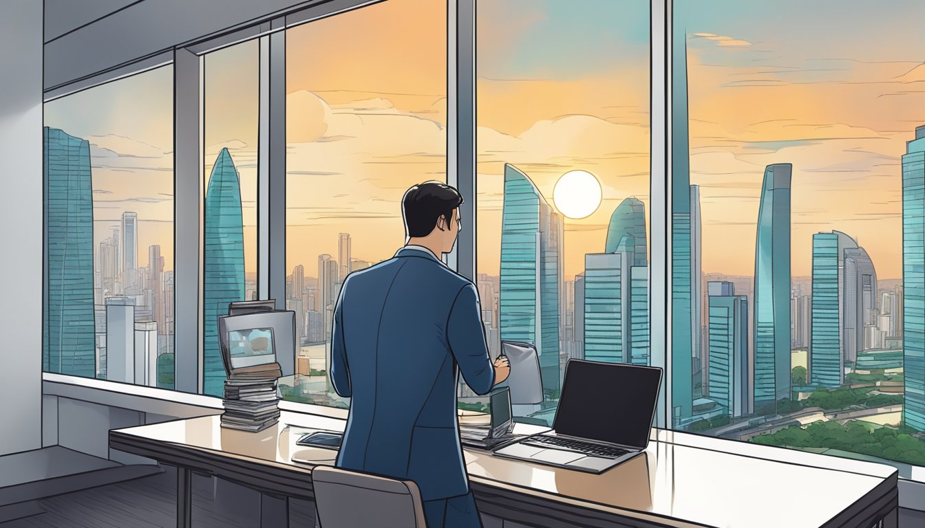 A sleek, modern bitcoin wallet sits on a polished desk in a high-rise office in Singapore. The city skyline can be seen through the window, with the wallet's owner's hand reaching for it